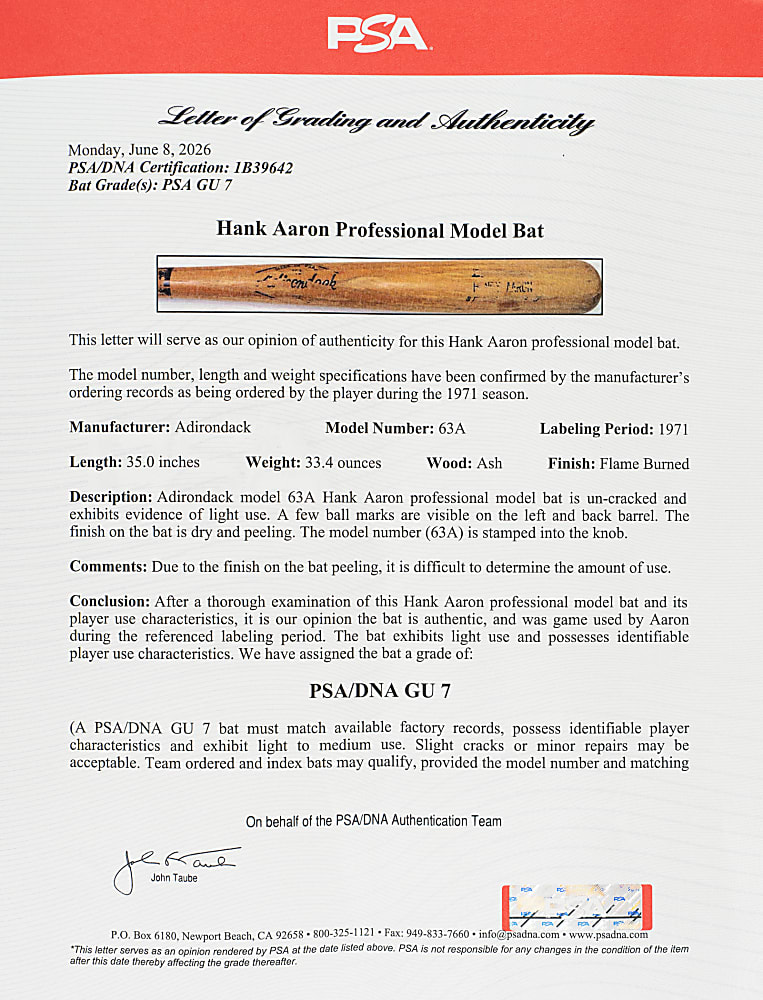 1971 Hank Aaron Atlanta Braves Game-Used Bat PSA/DNA GU 7