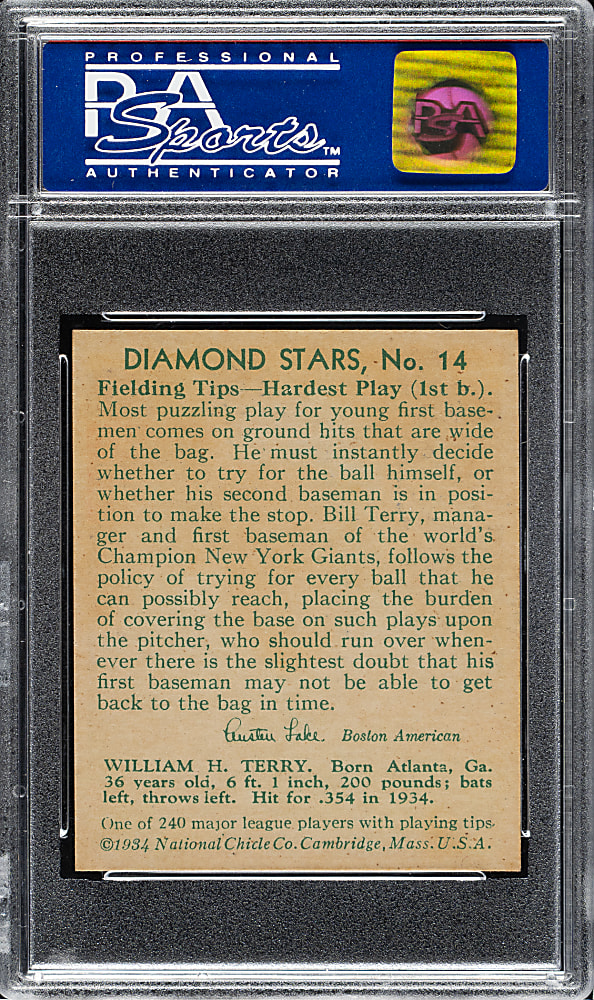 1934-1936 R327 Diamond Stars #14 Bill Terry (1935 Green Back) PSA NM-MT 8