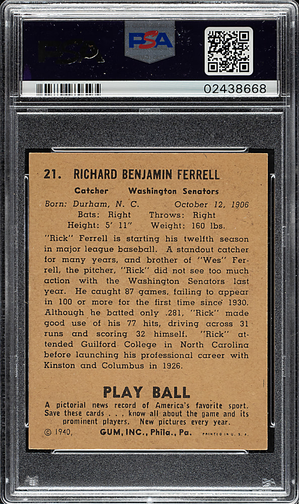 1940 R335 Play Ball #21 Rick Ferrell PSA NM-MT 8 - Highest Graded!