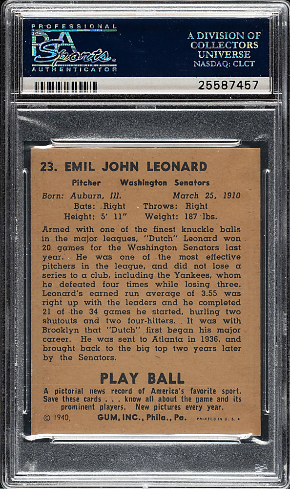 1940 R335 Play Ball #23 Dutch Leonard PSA NM-MT 8 - Highest Graded!