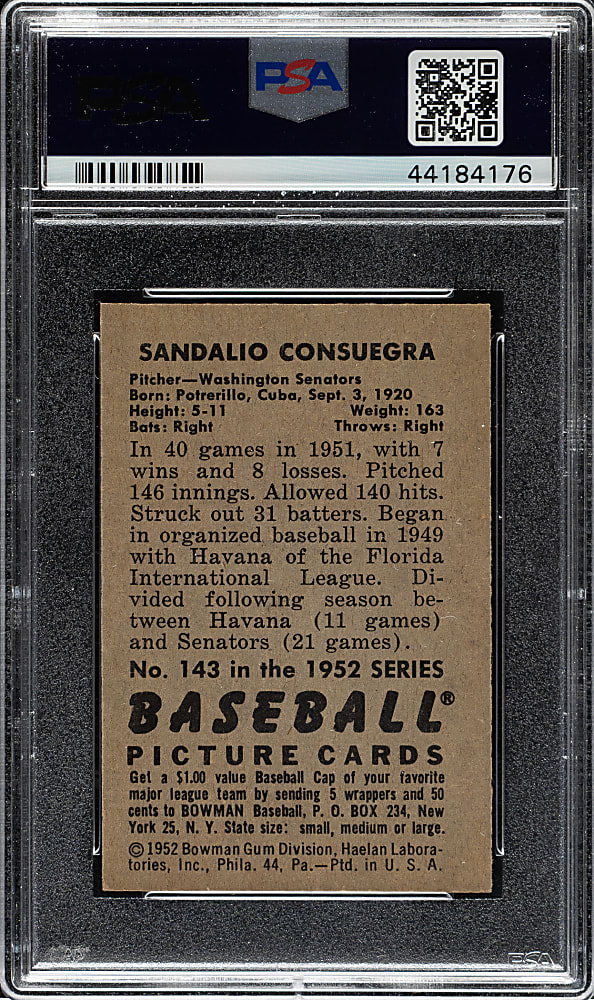1952 Bowman #143 Sandalio Consuegra PSA MINT 9 - Highest Graded!
