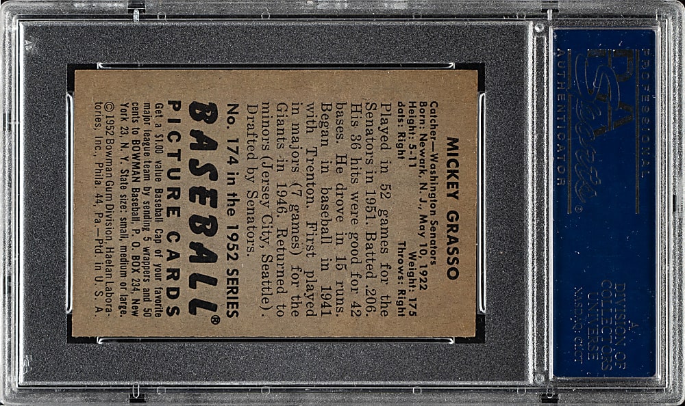 1952 Bowman #174 Mickey Grasso PSA MINT 9 - Highest Graded!