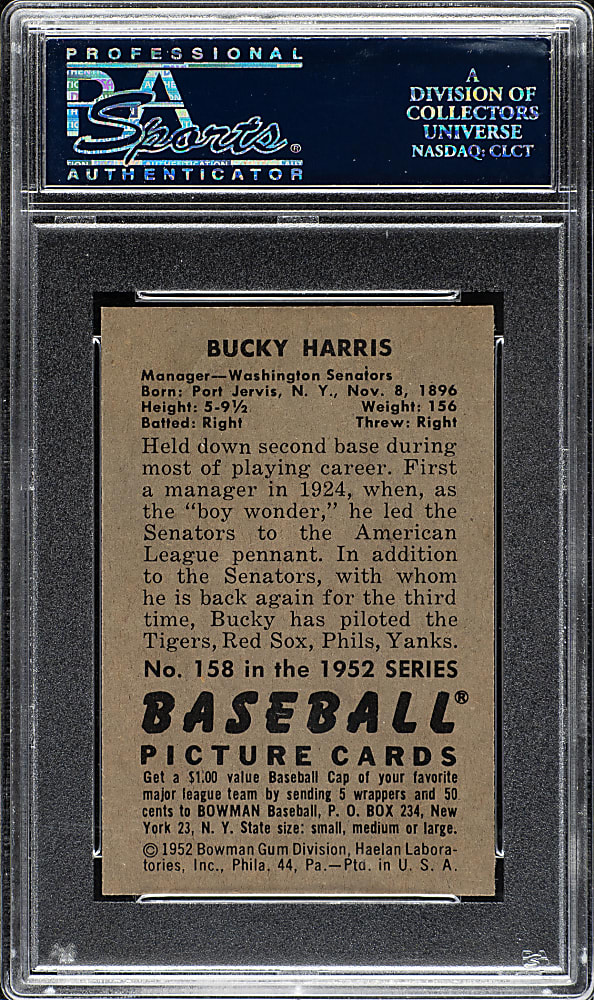 1952 Bowman #158 Bucky Harris PSA MINT 9 - Highest Graded!