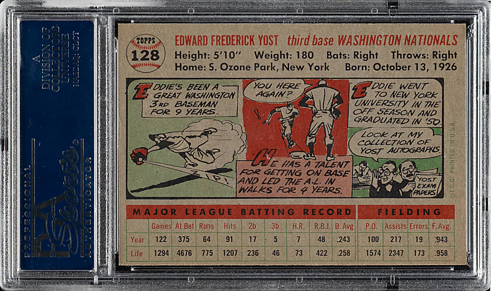 1956 Topps #128 Eddie Yost Gray Back PSA MINT 9