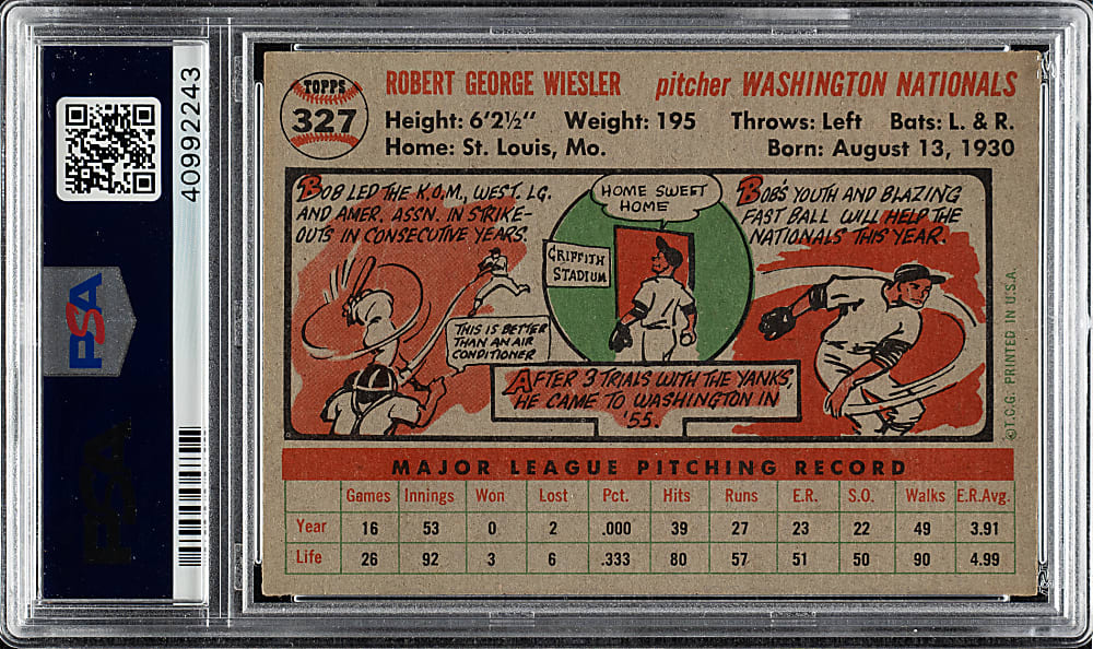 1956 Topps #327 Bob Wiesler PSA MINT 9 - Highest Graded!