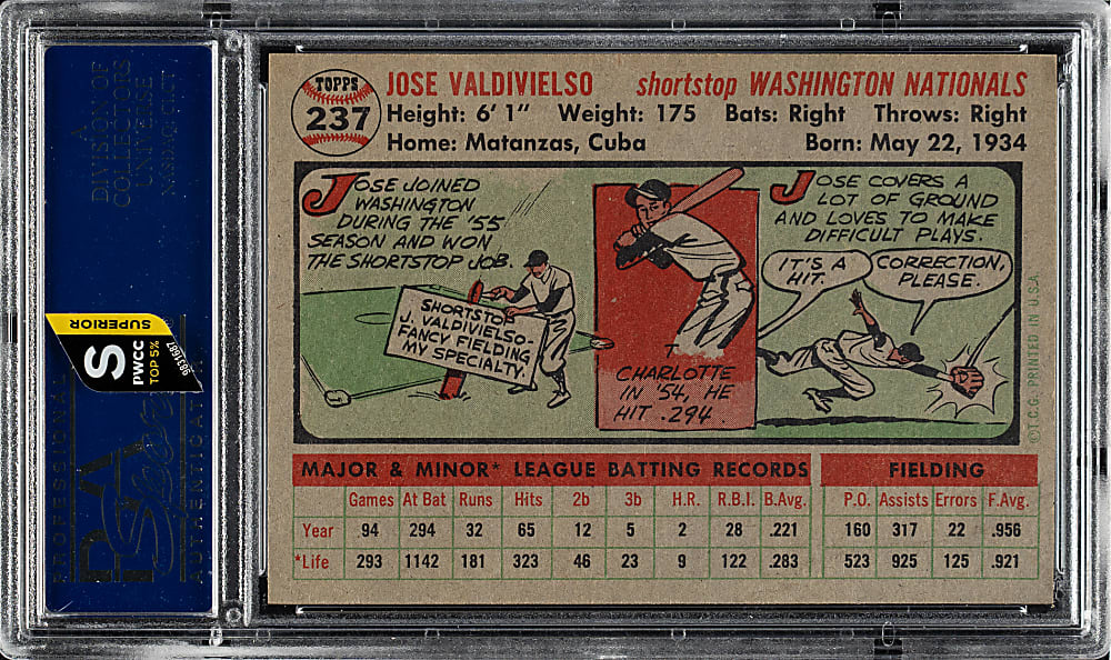 1956 Topps #237 Jose Valdivielso PSA MINT 9
