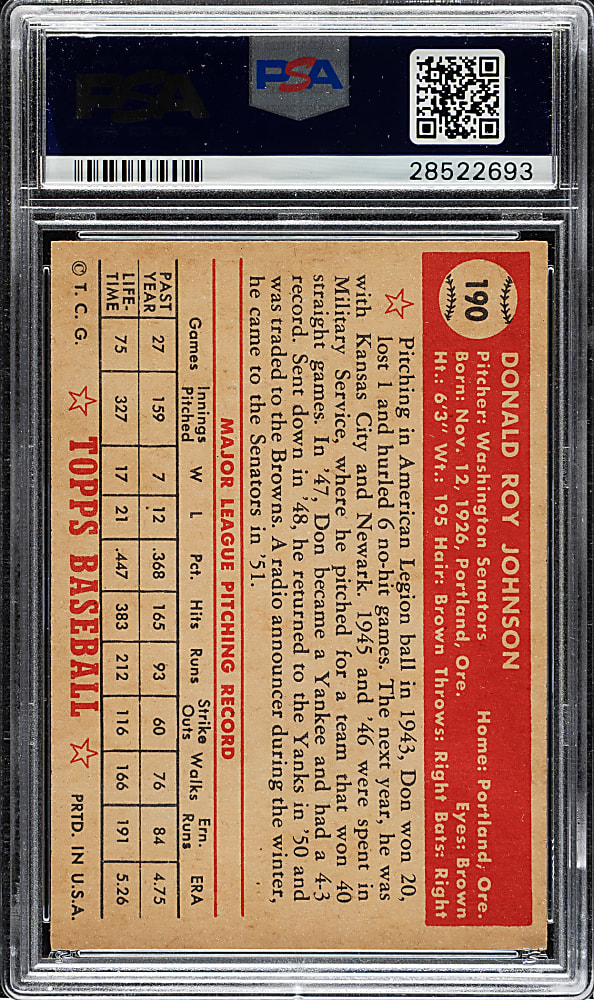 1952 Topps #190 Don Johnson PSA NM-MT 8