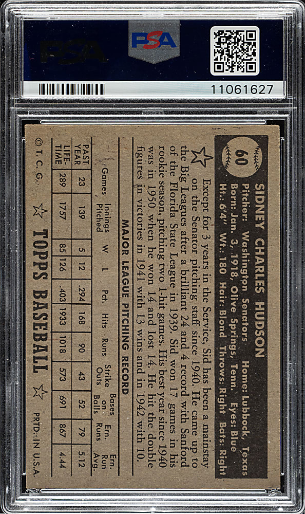 1952 Topps #60 Sid Hudson Black Back PSA NM 7