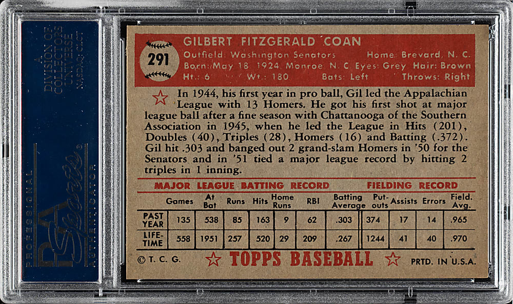 1952 Topps #291 Gil Coan PSA NM-MT+ 8.5