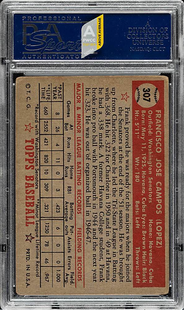 1952 Topps #307 Frank Campos PSA VG 3 - Rare "Black Star On Back" Variation