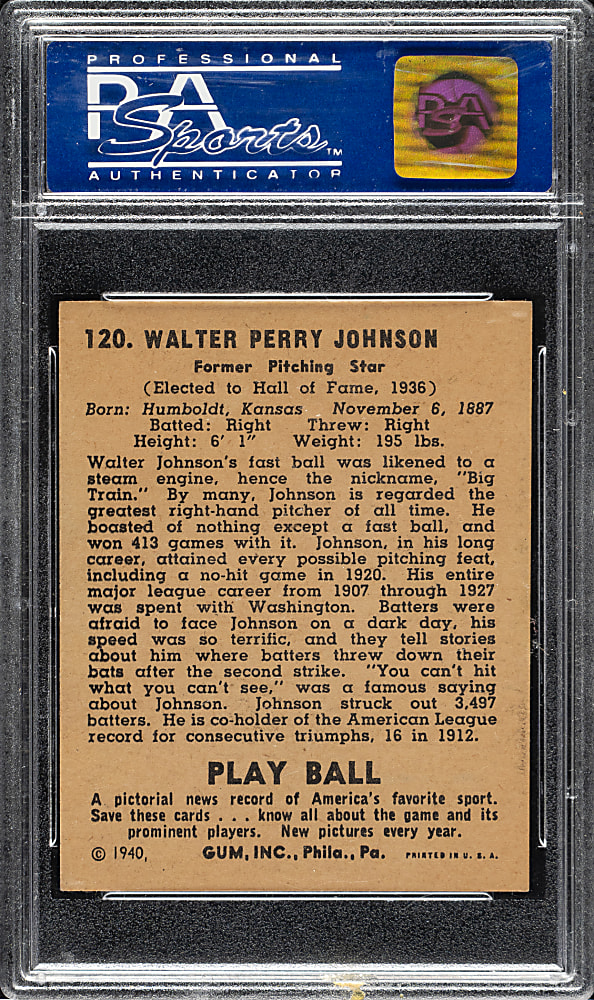 1940 R335 Play Ball #120 Walter Johnson PSA NM-MT 8 - Highest Graded!