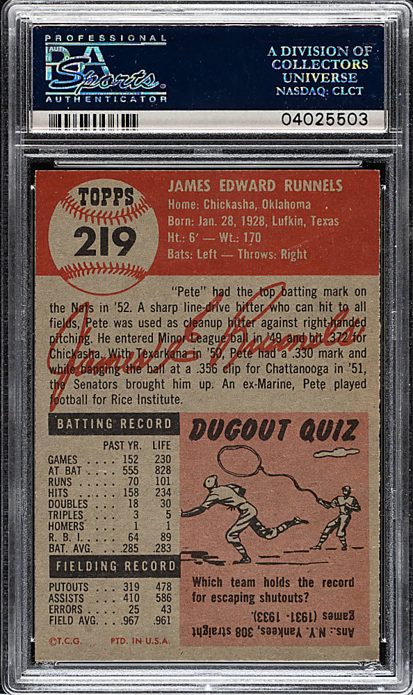 1953 Topps #219 Pete Runnels PSA MINT 9 - Highest Graded!