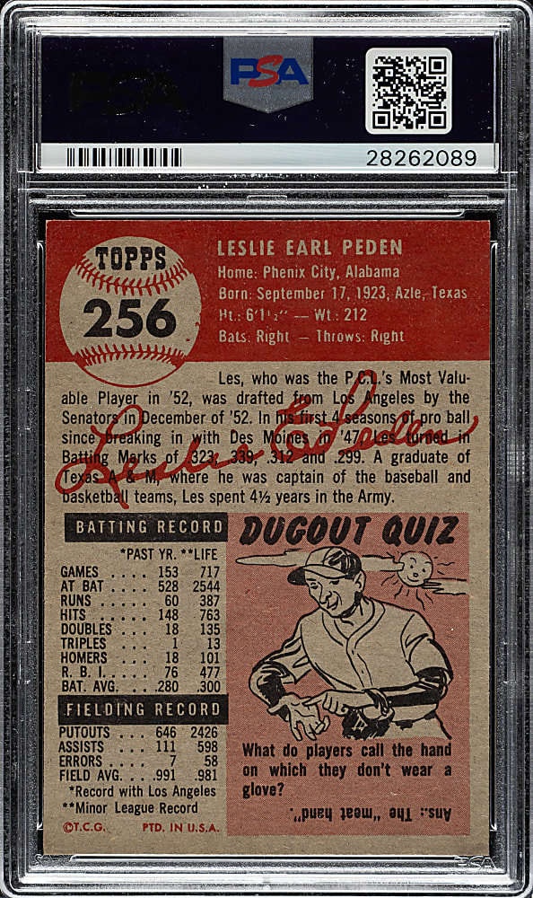 1953 Topps #256 Les Peden PSA NM-MT 8