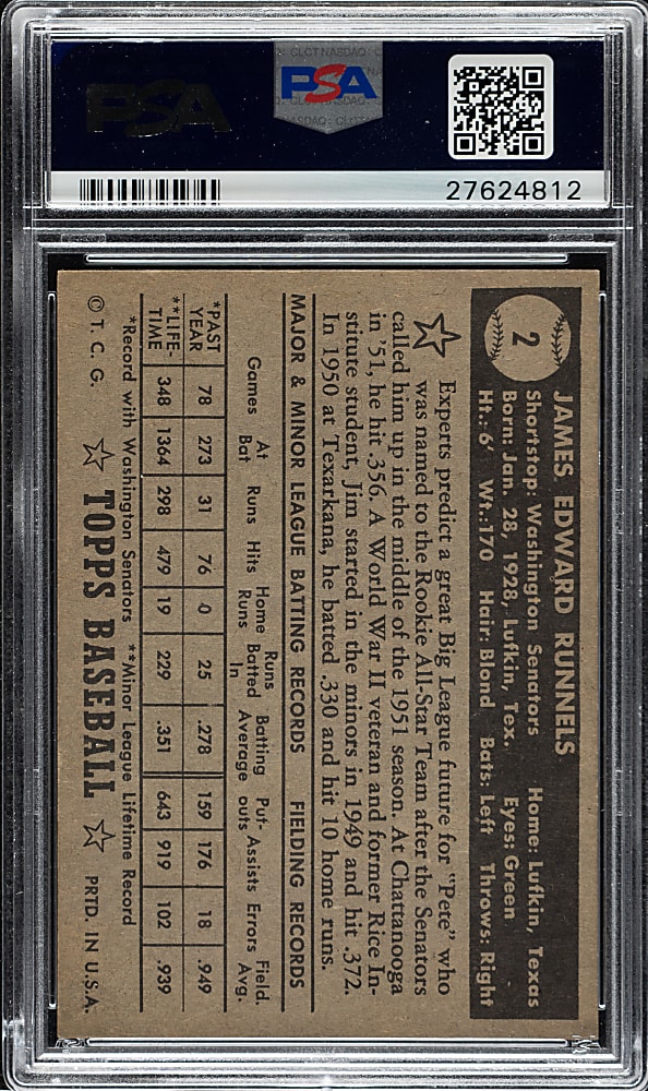 1952 Topps #2 James Runnels Black Back PSA NM+ 7.5