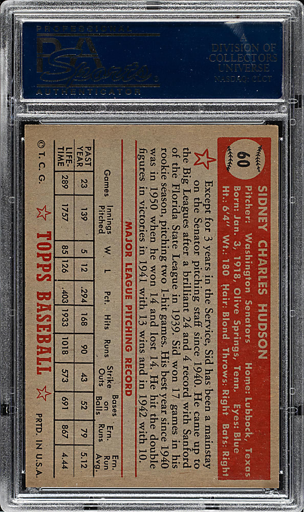 1952 Topps #60 Sid Hudson PSA NM-MT 8