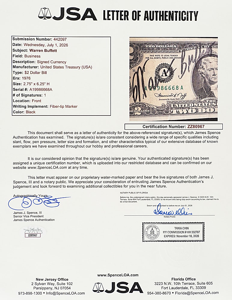 Warren Buffet Signed $2 Bill - JSA