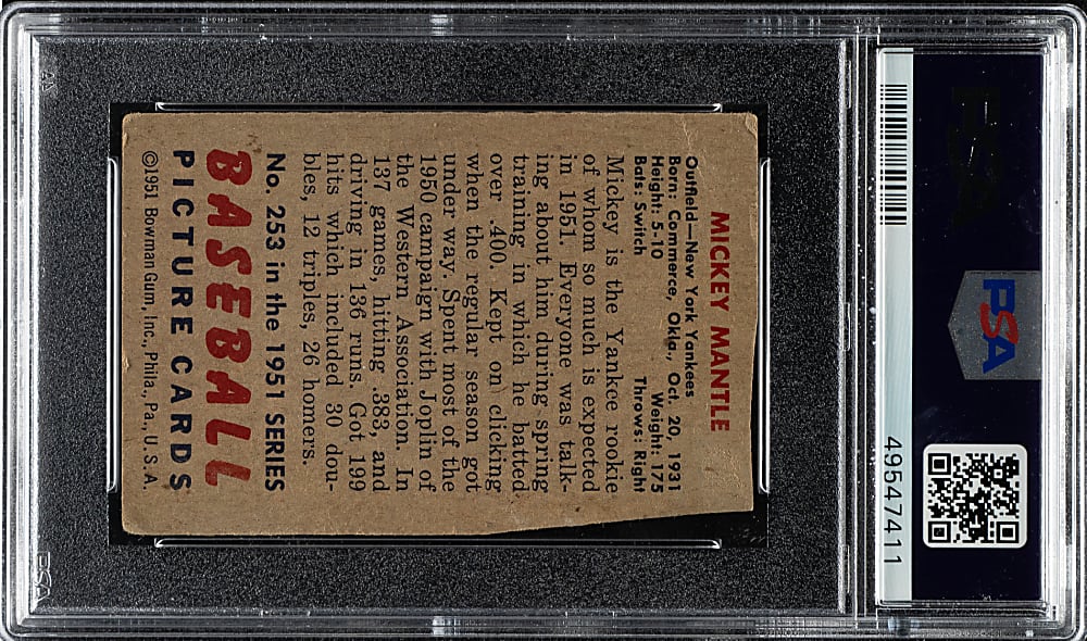 1951 Bowman #253 Mickey Mantle Rookie - PSA
