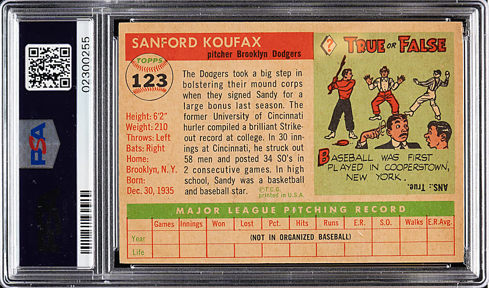 1955 Topps #123 Sandy Koufax Rookie PSA NM 7