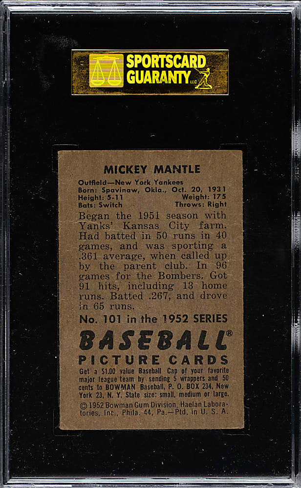 1952 Bowman #101 Mickey Mantle SGC GOOD 30