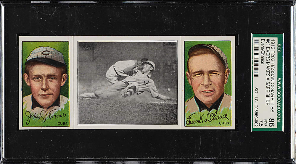 1912 T202 Hassan Triple Folder "Evers Makes a Safe Slide" Johnny Evers/Frank Chance SGC NM+ 86