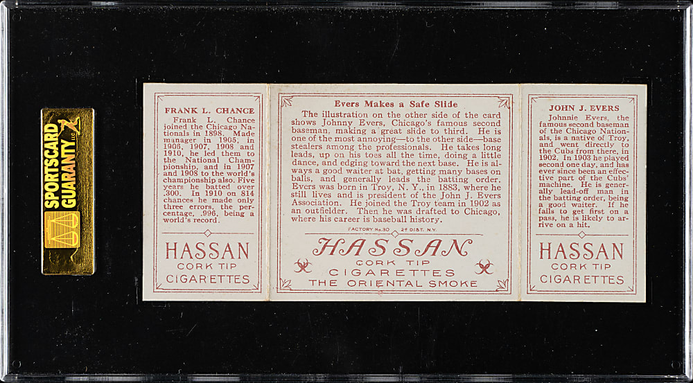 1912 T202 Hassan Triple Folder "Evers Makes a Safe Slide" Johnny Evers/Frank Chance SGC NM+ 86