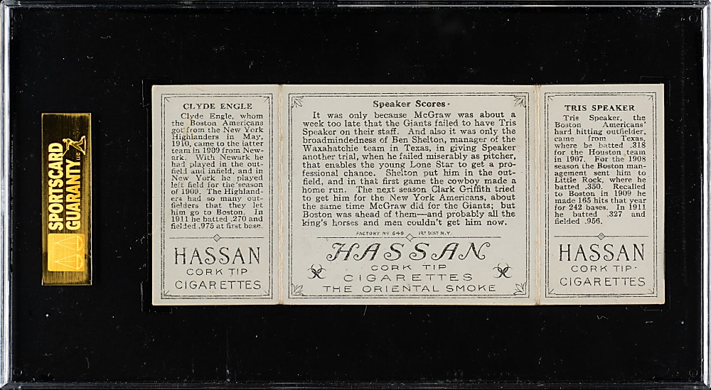 1912 T202 Hassan Triple Folder "Speaker Scores" Tris Speaker/Engle SGC VG 40