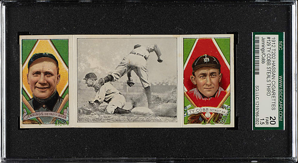 1912 T202 Hassan Triple Folder "Ty Cobb Steals Third" Ty Cobb/Hughie Jennings SGC FAIR 20