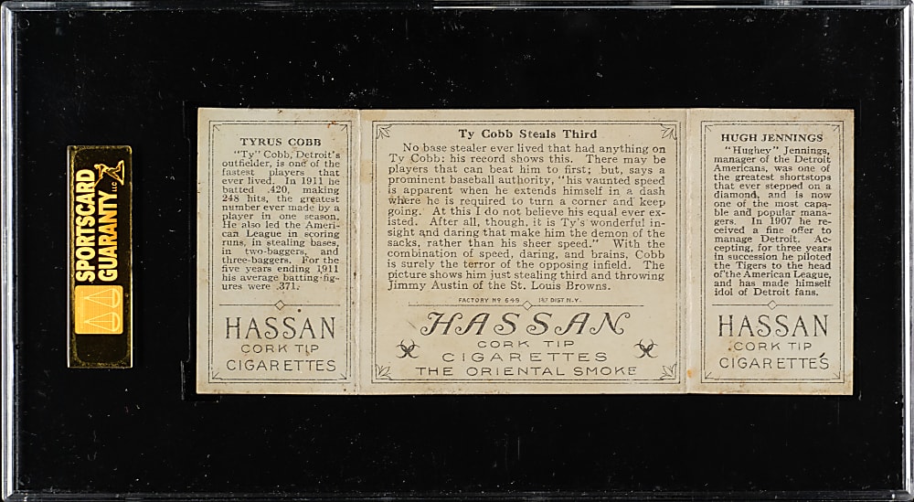 1912 T202 Hassan Triple Folder "Ty Cobb Steals Third" Ty Cobb/Hughie Jennings SGC FAIR 20