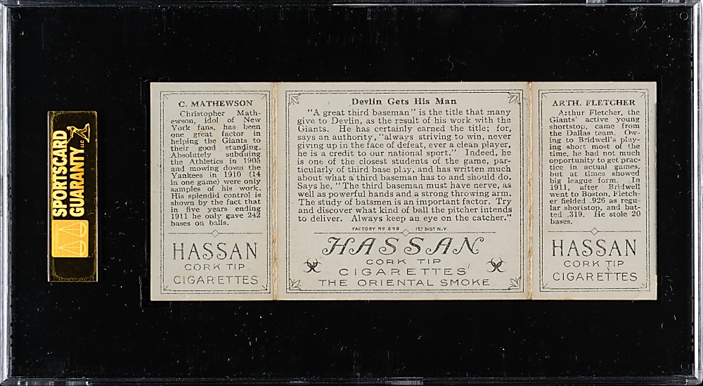 1912 T202 Hassan Triple Folder "Devlin Gets His Man" Christy Mathewson/Fletcher SGC VG/EX 50