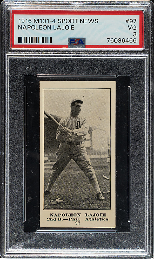 1916 M101-4 Sporting News #97 Napoleon Lajoie PSA VG 3 - Advertising Back