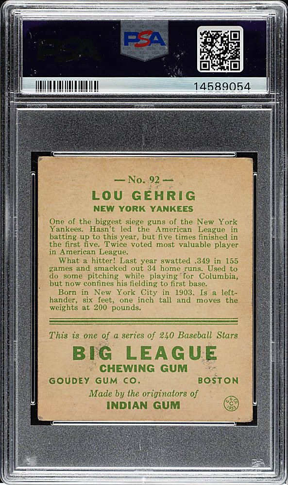 1933 R319 Goudey #92 Lou Gehrig PSA VG-EX 4