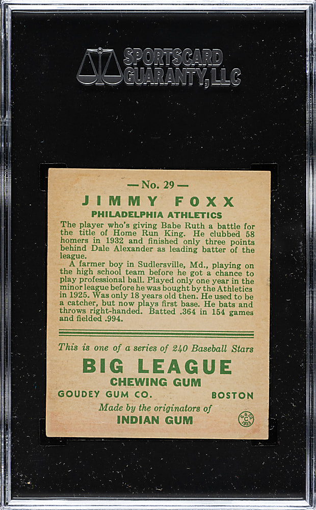 1933 R319 Goudey #29 Jimmie Foxx SGC EX 5