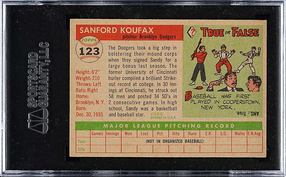 1955 Topps #123 Sandy Koufax Rookie SGC NM 7