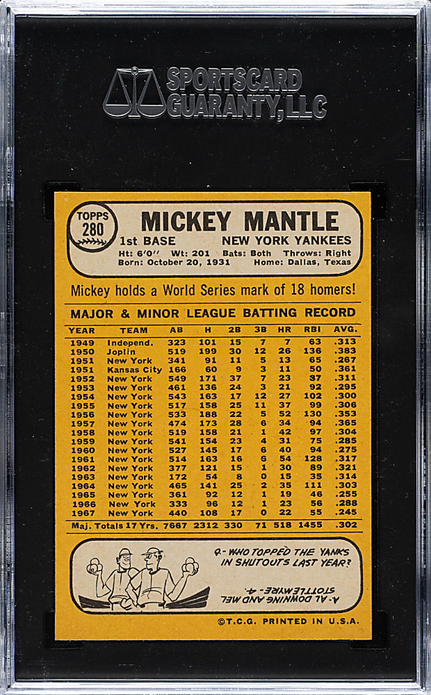 1968 Topps #280 Mickey Mantle SGC MINT 9 (MBA Silver Diamond) - Highest Graded!