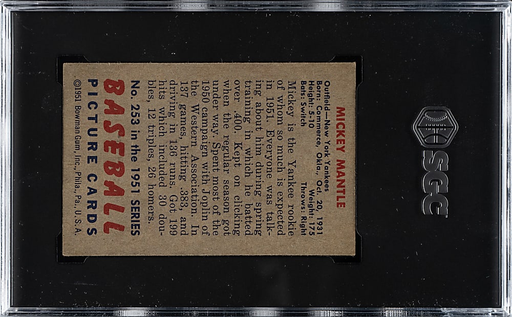 1951 Bowman #253 Mickey Mantle Rookie SGC VG/EX 4