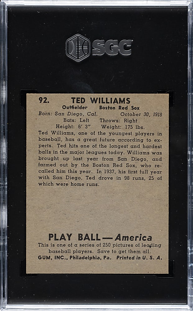 1939 R334 Play Ball #92 Ted Williams Rookie - SGC