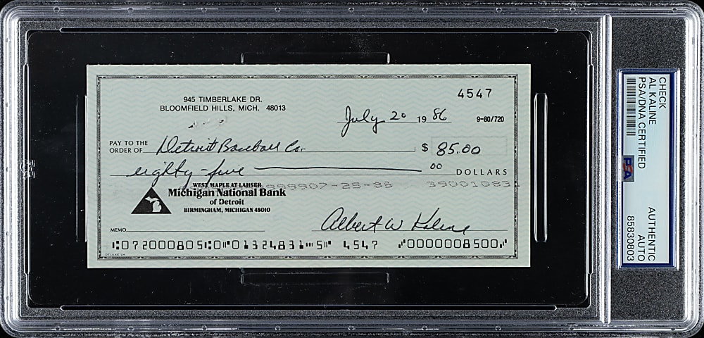 1986 Al Kaline Signed Check Payable to Detroit Baseball - PSA/DNA