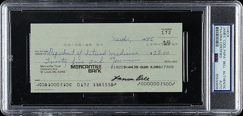 1985 James "Cool Papa" Bell Signed Check - PSA/DNA