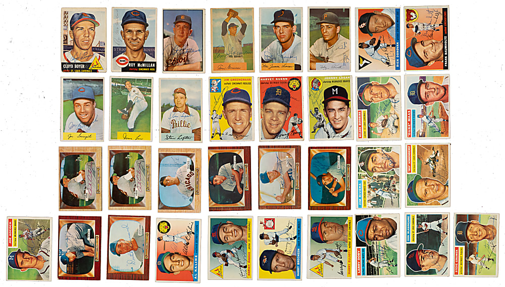 Signed 1953 to 1956 Topps and Bowman Collection (38) Including Reese, Kiner, Kaline, and Two Larsen Rookies