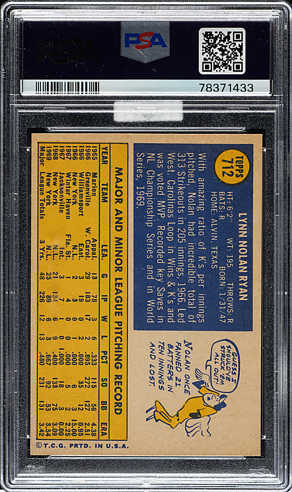 1970 Topps #712 Nolan Ryan PSA MINT 9 (MBA Gold Diamond)