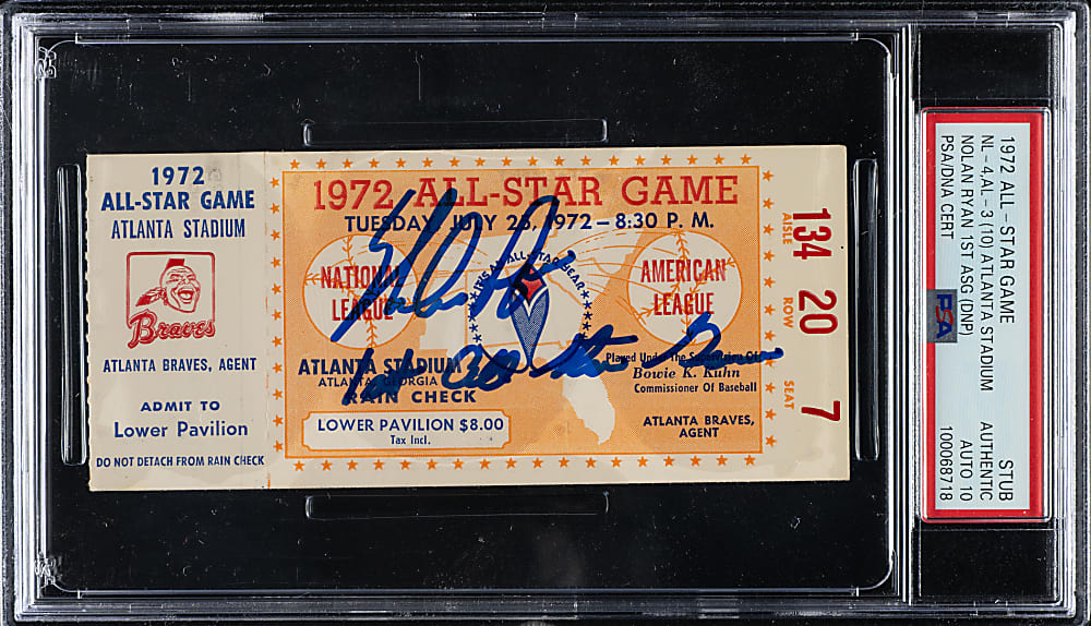 1972 All-Star Game Ticket Stub Signed by Nolan Ryan PSA/DNA GEM MINT 10 - Nolan Ryan First All-Star Game