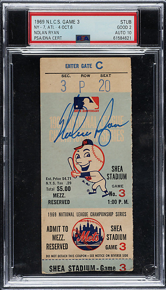 1969 New York Mets (vs. Atlanta Braves) NLCS Game 3 Ticket Stub Signed by Nolan Ryan PSA GOOD 2 with GEM MINT 10 Signature - Nolan Ryan Wins Pennant for Mets