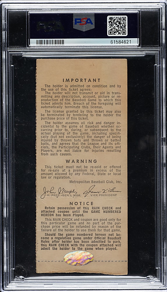 1969 New York Mets (vs. Atlanta Braves) NLCS Game 3 Ticket Stub Signed by Nolan Ryan PSA GOOD 2 with GEM MINT 10 Signature - Nolan Ryan Wins Pennant for Mets