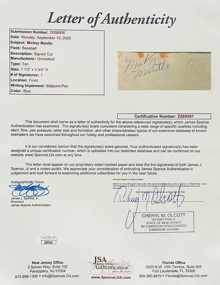 Circa 1950s Mickey Mantle Cut Signature - PSA/DNA and JSA