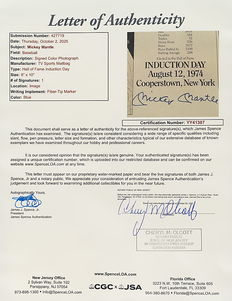 Mickey Mantle Hall of Fame Induction Day Signed Photograph - PSA/DNA and JSA