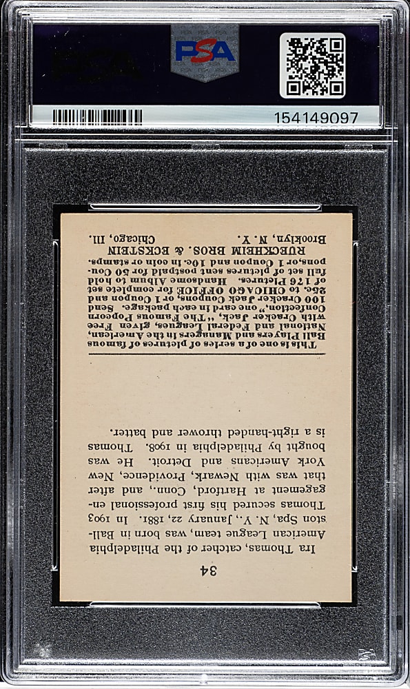 1915 E145 Cracker Jack #34 Ira Thomas PSA NM-MT 8