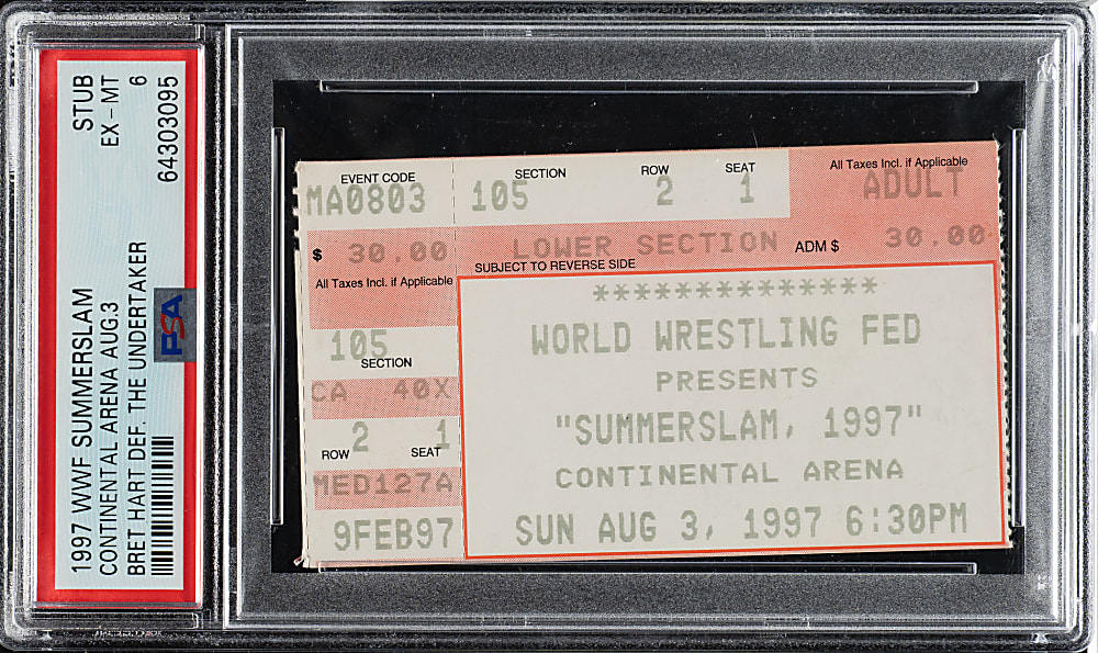 August 3, 1997 WWF SummerSlam Ticket Stub PSA EX-MT 6 - Bret Hart Defeats The Undertaker - 1 of 2 - Highest Graded!