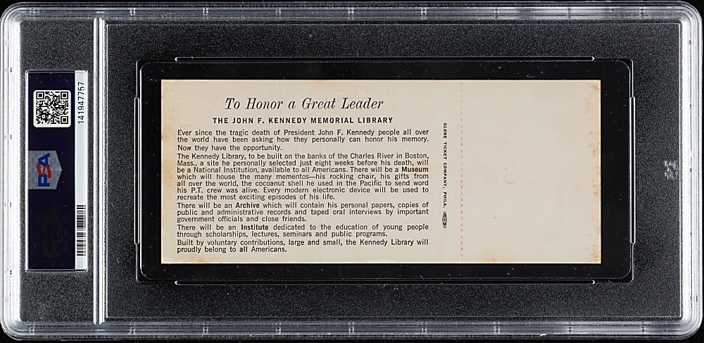 August 23, 1964 Philadelphia Eagles (vs. Detroit Lions) Full Ticket PSA EX-MT 6 - John F. Kennedy Memorial Fund Game