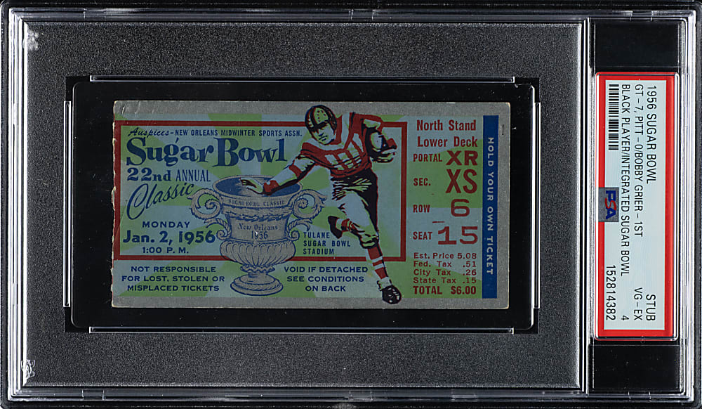 1956 Sugar Bowl Ticket Stub PSA VG-EX 4 - Bobby Grier First African American Player to Compete in a Deep South Bowl Game