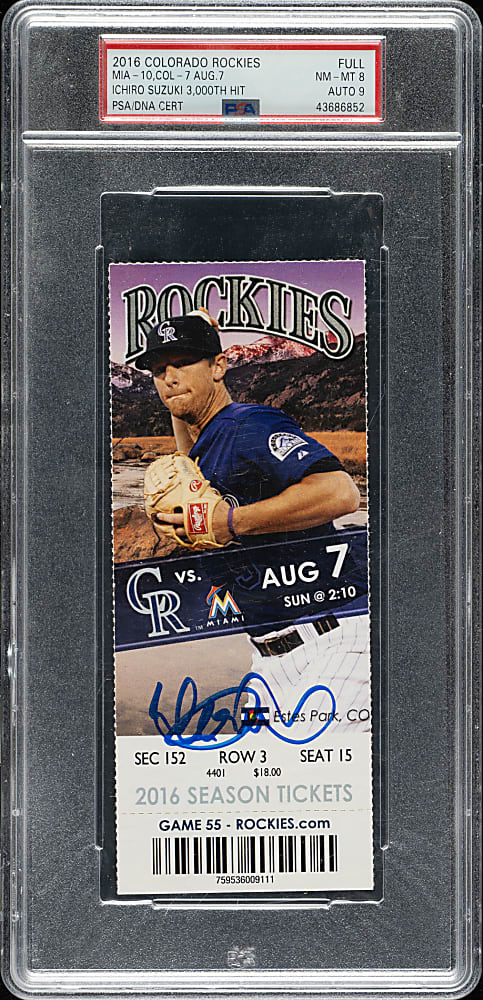 August 7, 2016 Colorado Rockies (vs. Miami Marlins) Full Ticket Signed by Ichiro Suzuki PSA NM-MT 8 with MINT 9 SIgnature - Ichiro 3,000 Hit